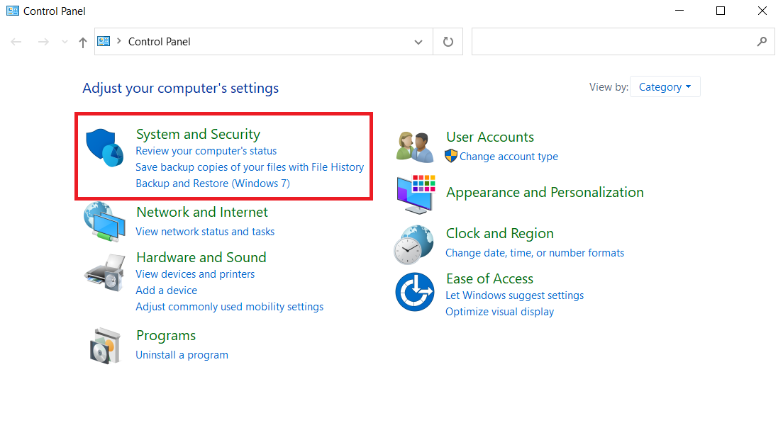 Control Panel System and Security in Windows