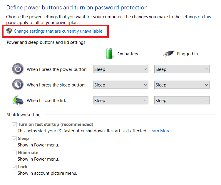 Click Change settings that are currently unavailable